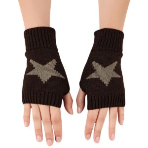 SHENHE Women's Star Pattern Fingerless Thumb Hole Knitted Wrist Length Mitten Gloves Coffee Brown One Size