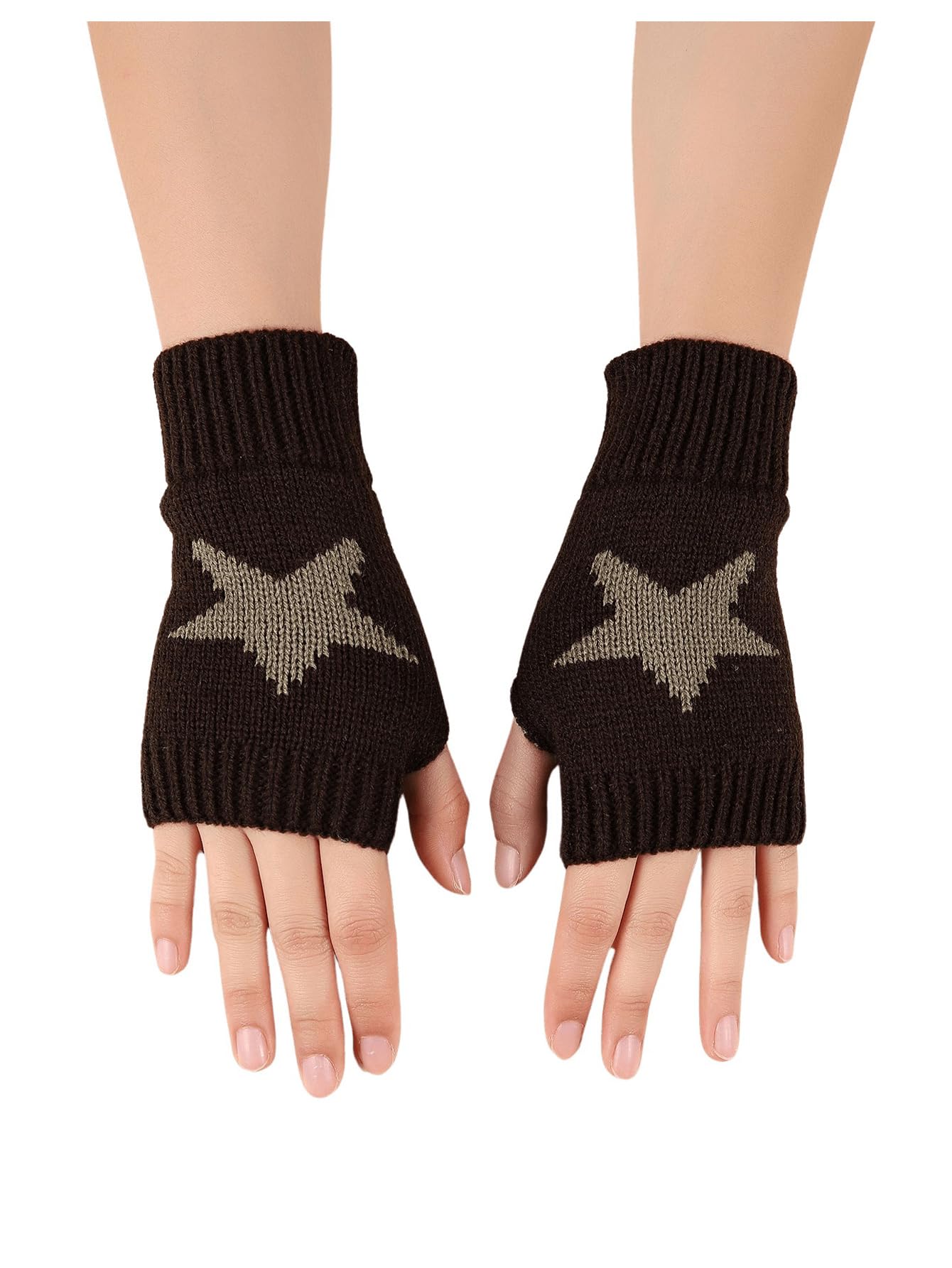 SHENHE Women's Star Pattern Fingerless Thumb Hole Knitted Wrist Length Mitten Gloves Coffee Brown One Size