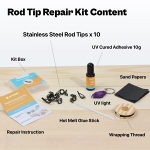 Fishing Rod Tip Repair Kit with Glue, Complete Kit with UV Cured Adhesive and 10 Rod Tips