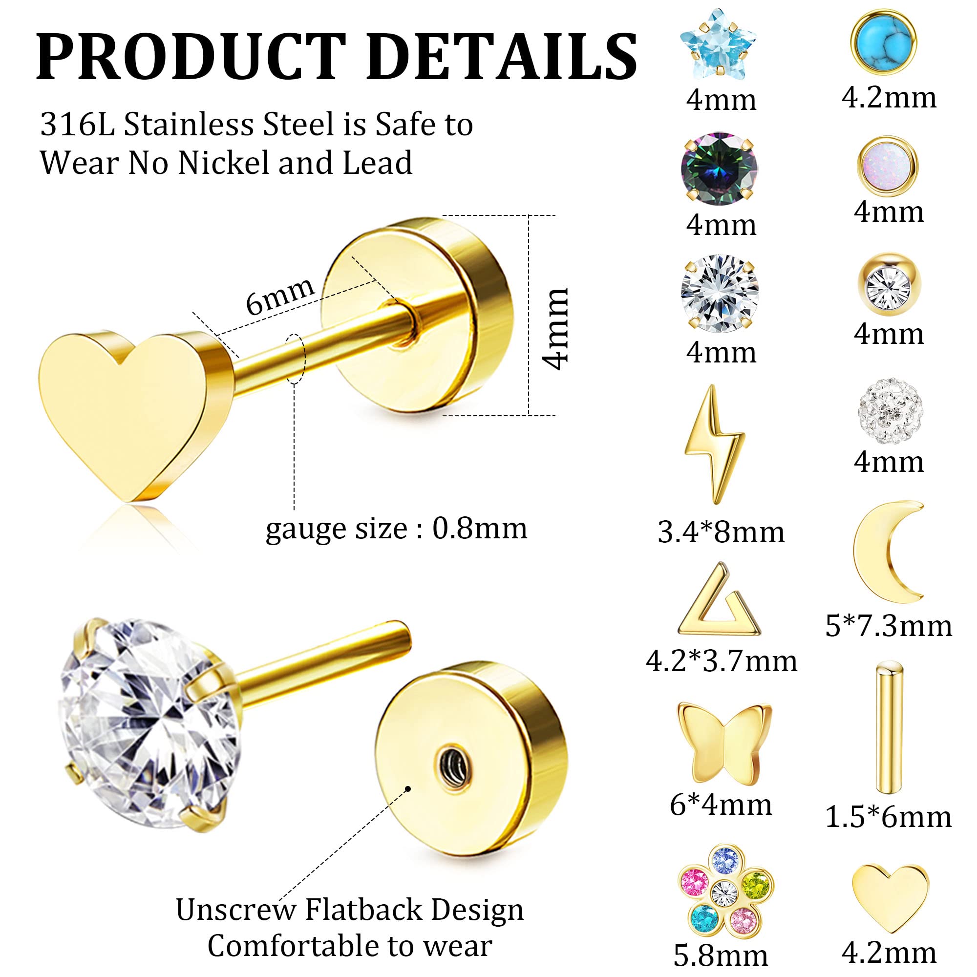 FIBO STEEL 20G Surgical Steel Stud Earrings for Women Multipack Cartilage Studs Hoops Earrings CZ Flower Butterfly Heart Flat Back Earrings Helix Conch Ear Piercings Gold-tone