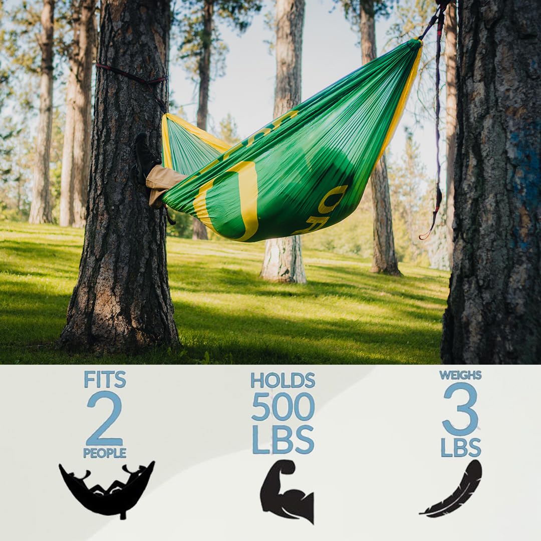 Rincon Official (University of Oregon) College Hammock - Premium 210T Nylon, Spacious 112 x 74 inches (LxW) Double & Single Camping Hammock - Portable Outdoor Adventure Gear for Students and Alumni