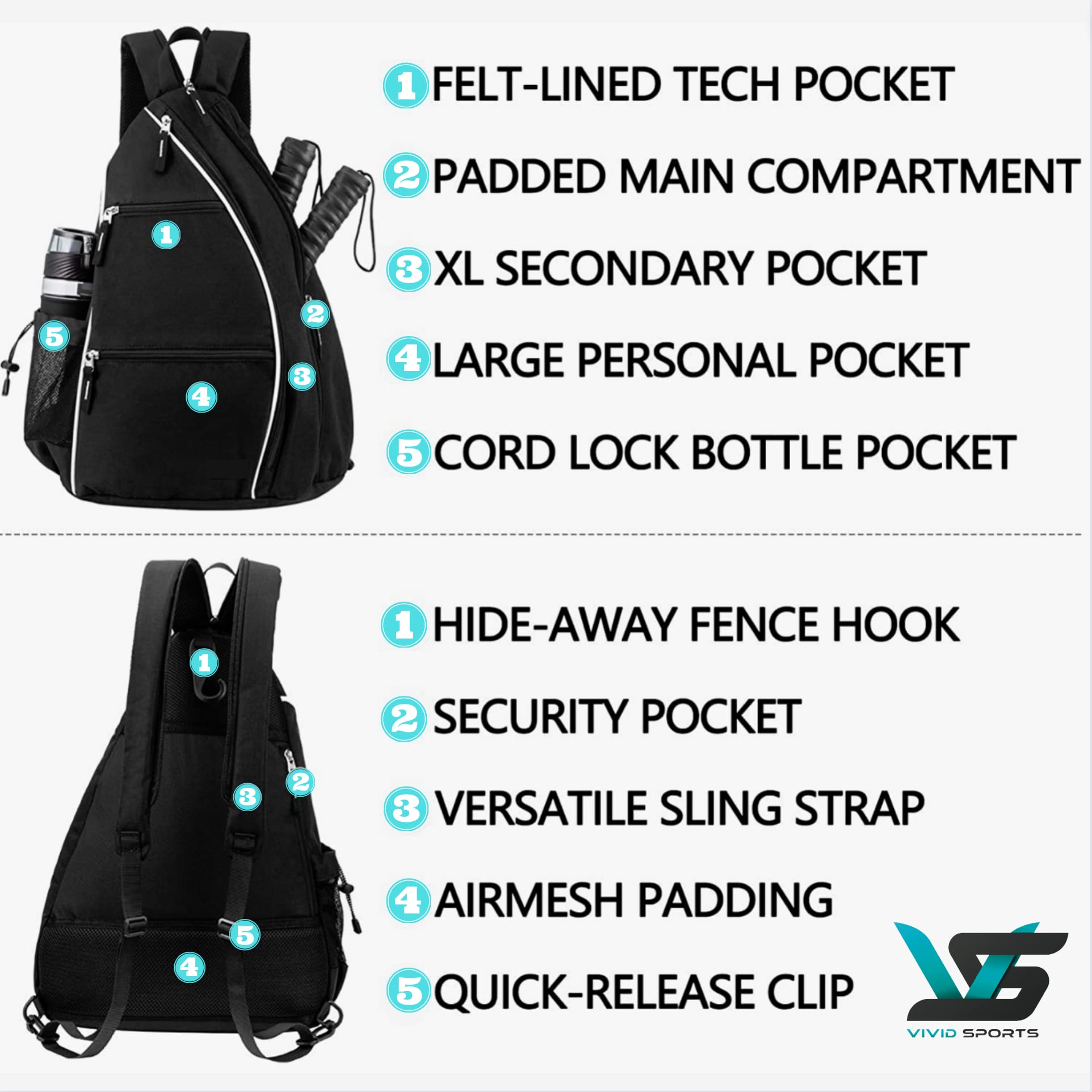 Vivid Sports Pickleball Bag, Reversible Crossbody Sling Bag/Backpack for Women Men (Black)