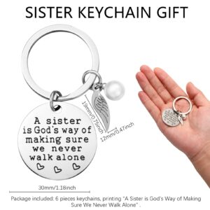 Roowest 6 Pieces Sister Keychain Gift from Sister, a Sister Is God's Way of Making Sure We Never Walk Alone Angel Keychain for Women Friend Birthday school class Jewelry Gifts