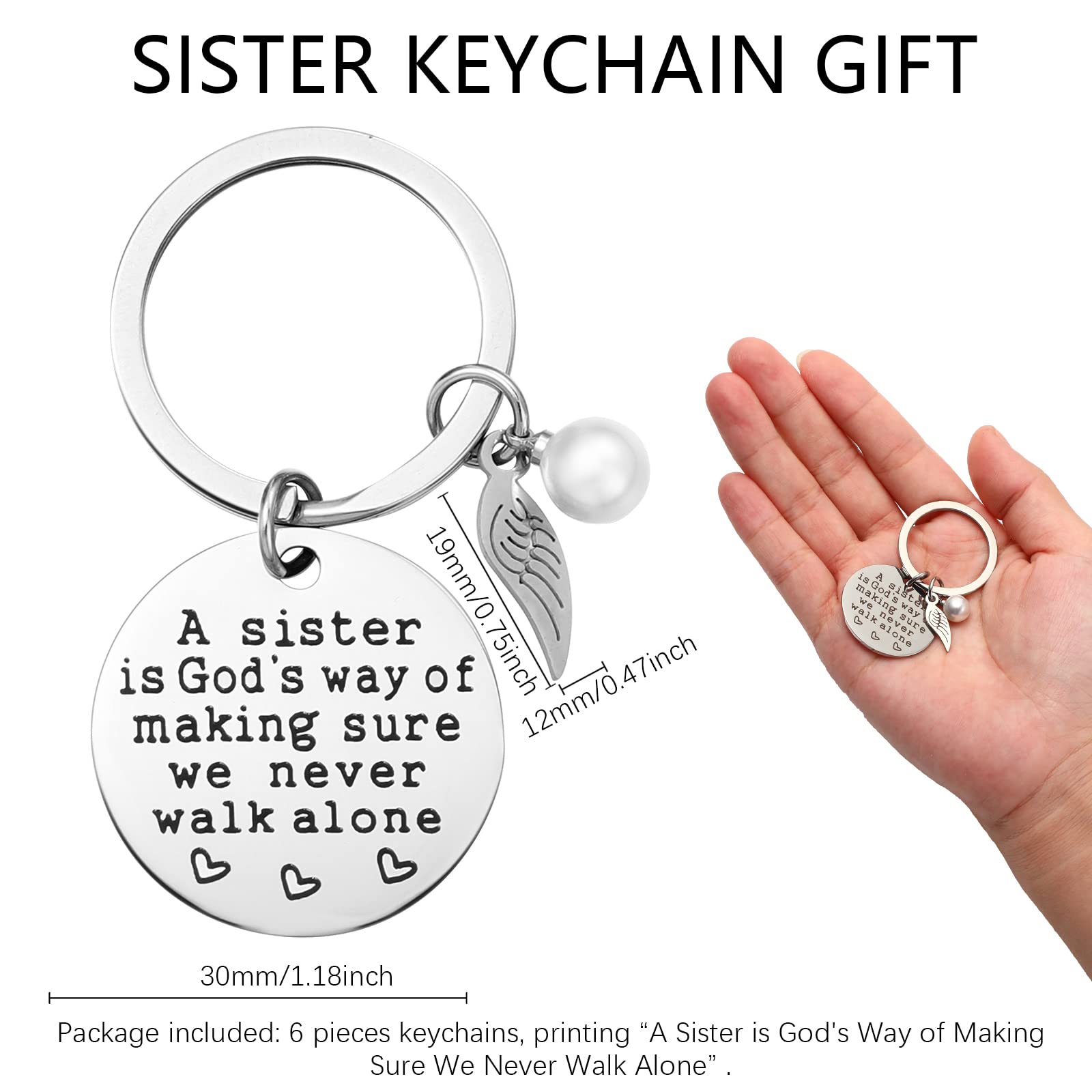 Roowest 6 Pieces Sister Keychain Gift from Sister, a Sister Is God's Way of Making Sure We Never Walk Alone Angel Keychain for Women Friend Birthday school class Jewelry Gifts