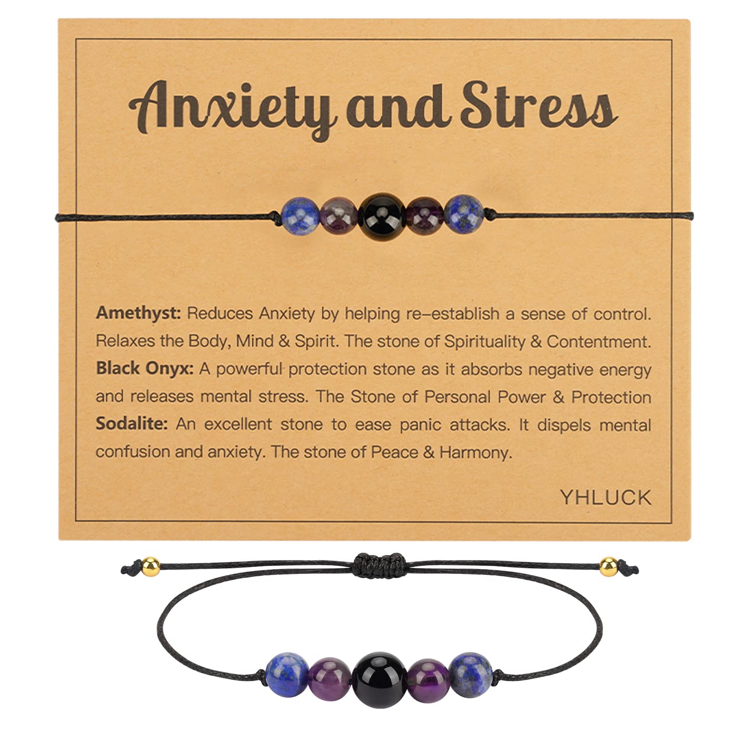 Yhluck Anxiety Stress Relief Crystals Bracelet Quartz Crystal Bracelet Black Onyx Amethyst Sodalite Calming Crystal Natural Gemstones Chakra Bracelet Yoga Reiki Gift