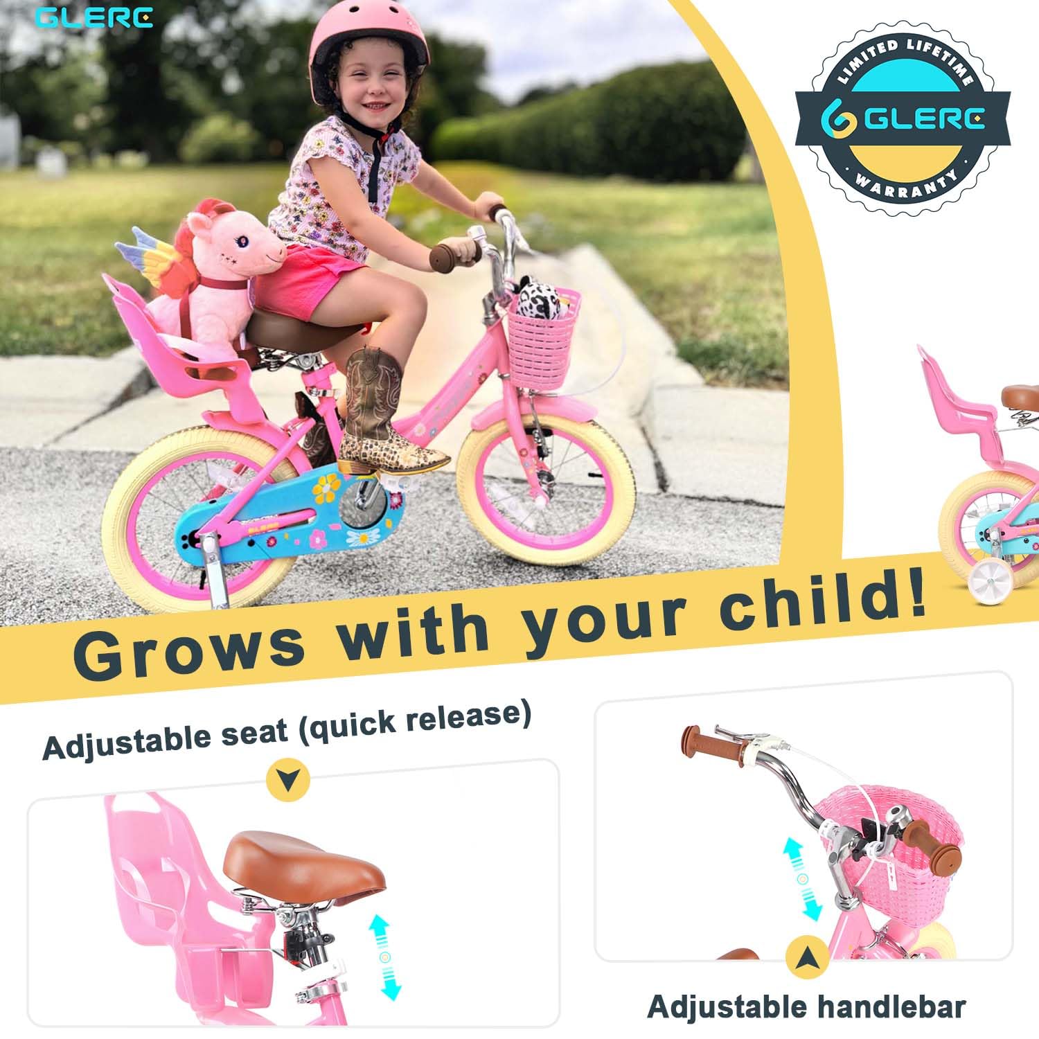 Glerc Maggie 14 Inch Girls Bike Ages 2 3 4 5 6 7 Years Old Kids Bicycle Princess Style with Doll-Seat & Basket & Training Wheels & Bell for Birthday, Pink