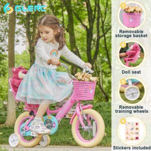 Glerc Maggie 14 Inch Girls Bike Ages 2 3 4 5 6 7 Years Old Kids Bicycle Princess Style with Doll-Seat & Basket & Training Wheels & Bell for Birthday, Pink