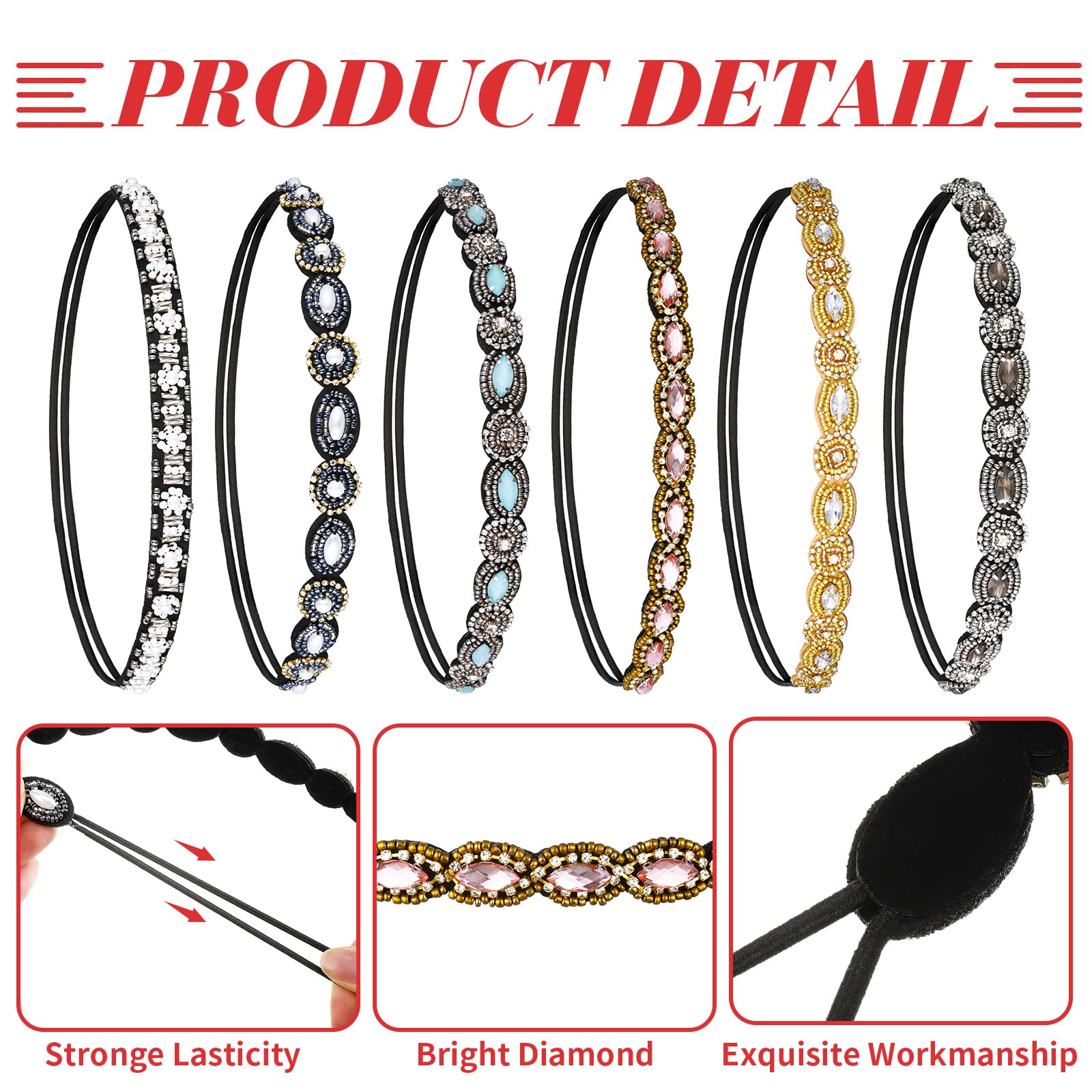 Jutom 6 Pieces Rhinestone Beaded Headbands Elastic Rhinestone Headbands Vintage Crystal Beaded Stretchy Hairbands Jewelry Hair Accessories for Women and Girls