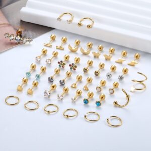 FIBO STEEL 20G Surgical Steel Stud Earrings for Women Multipack Cartilage Studs Hoops Earrings CZ Flower Butterfly Heart Flat Back Earrings Helix Conch Ear Piercings Gold-tone