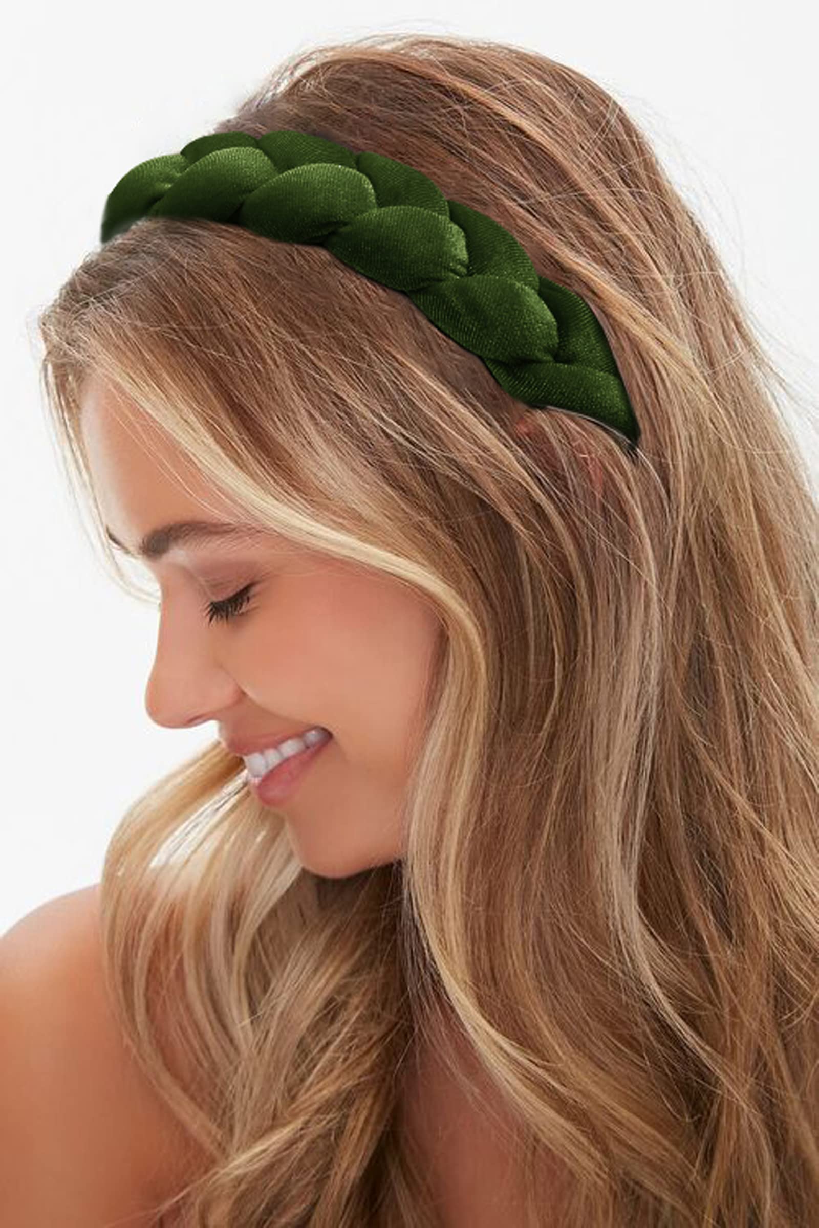 WOVOWOVO Headbands for Women, Non-Slip Soft Solid Thick Wide Solid Color Girls Hair Hoop Velvet Braided Headband's Cute Hair Accessories, Green