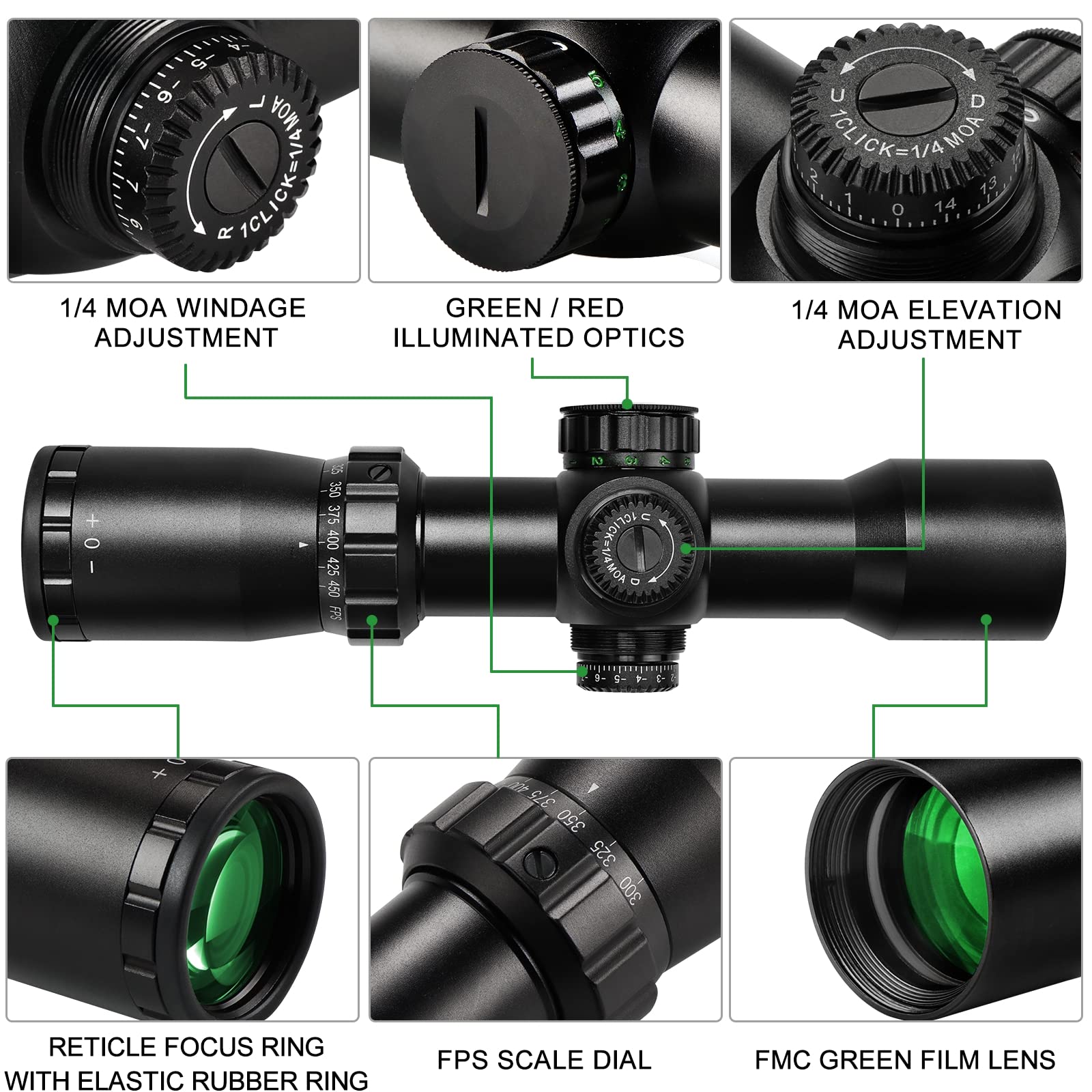 Professional Crossbow Scope, 300-450FPS(1.5-5x32), 20-100 Yards High Brightness and high Definition Red and Green Etched Glass Reticle, Free 20mm mounts