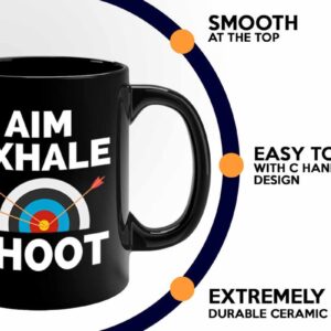 Bubble Hugs Archery Coffee Mug 11oz Black - Aim Exhale shoot - Archery Trainer Bowfishing Deer Shooting Target Shot