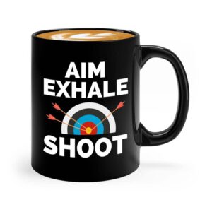 bubble hugs archery coffee mug 11oz black - aim exhale shoot - archery trainer bowfishing deer shooting target shot