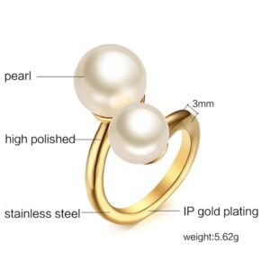 Double Pearls Promise Ring for Women Statement Expandable Adjustable Big Imitation Pearl Ball Open Band 18K Gold Plated Wrap Rings Stainless Steel Comfort Fit Engagement Wedding Jewelry Valentine's Day (7)