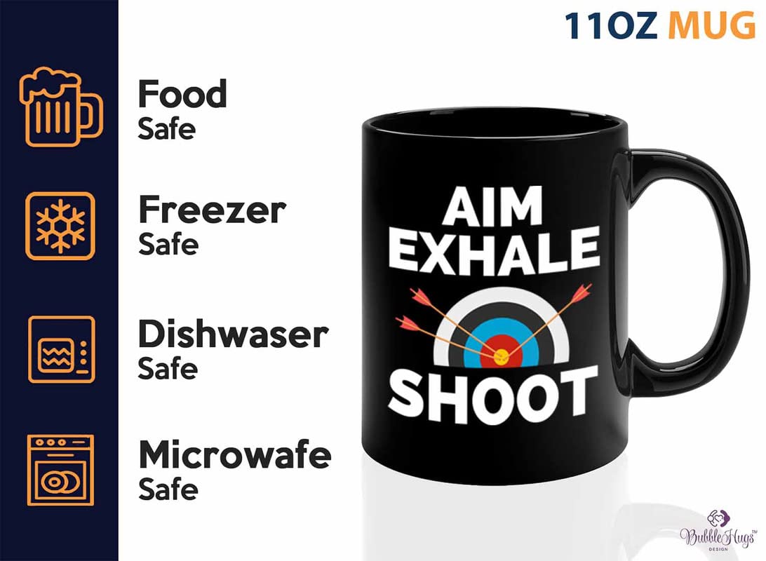 Bubble Hugs Archery Coffee Mug 11oz Black - Aim Exhale shoot - Archery Trainer Bowfishing Deer Shooting Target Shot