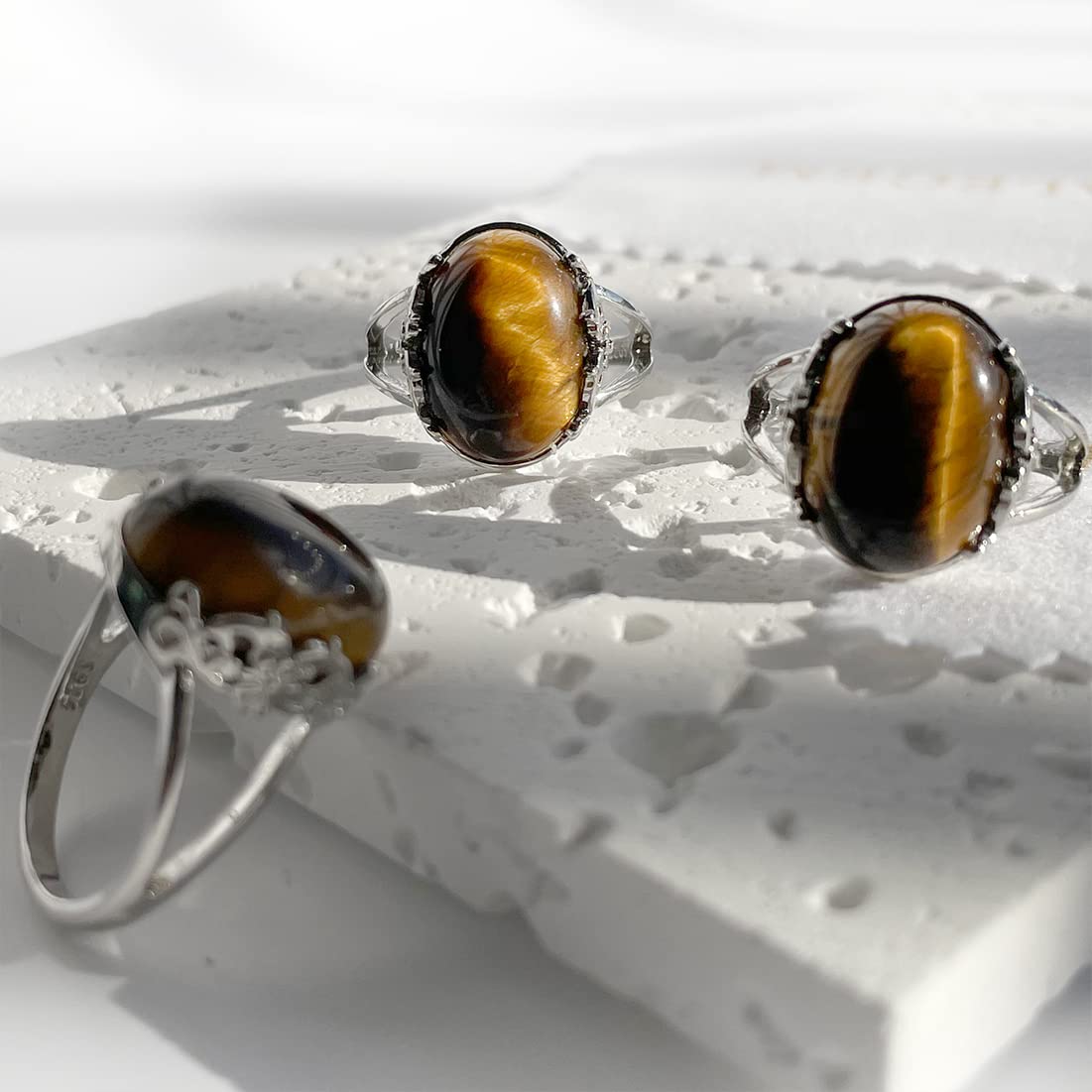 DALEGEM Natural Yellow Tigers Eye Stone Ring for Women,S925 Sterling Silver Edged with Flower Vine Ring Jewelry (Stone_Tiger Eye, 8)