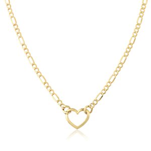 Jewelry Atelier Gold Filled Figaro Heart Necklaces – 14K Yellow Gold Filled Heart Pendant with Solid Figaro Chain for Women with Different Sizes (2.7mm, 4.5mm)