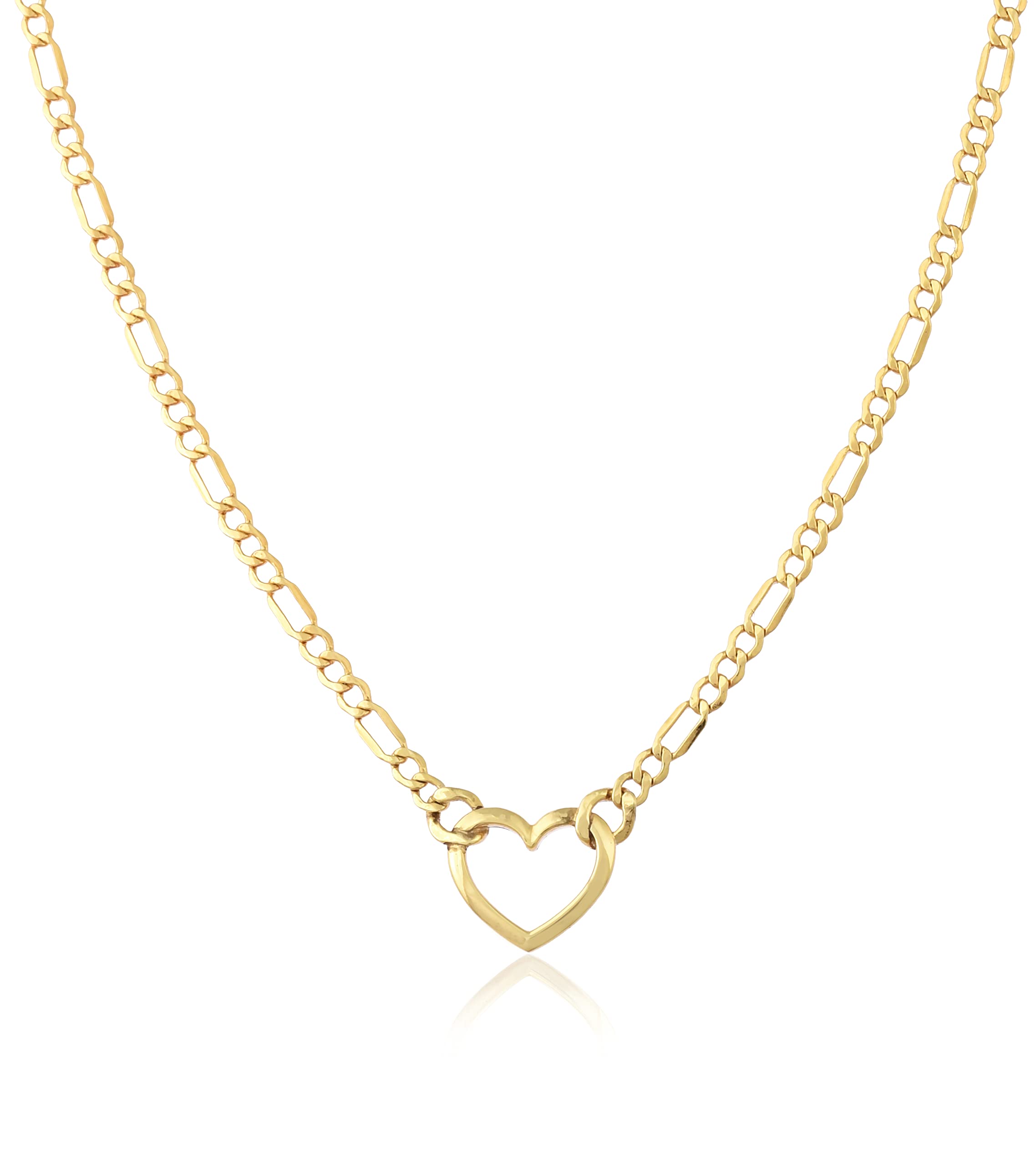 Jewelry Atelier Gold Filled Figaro Heart Necklaces – 14K Yellow Gold Filled Heart Pendant with Solid Figaro Chain for Women with Different Sizes (2.7mm, 4.5mm)