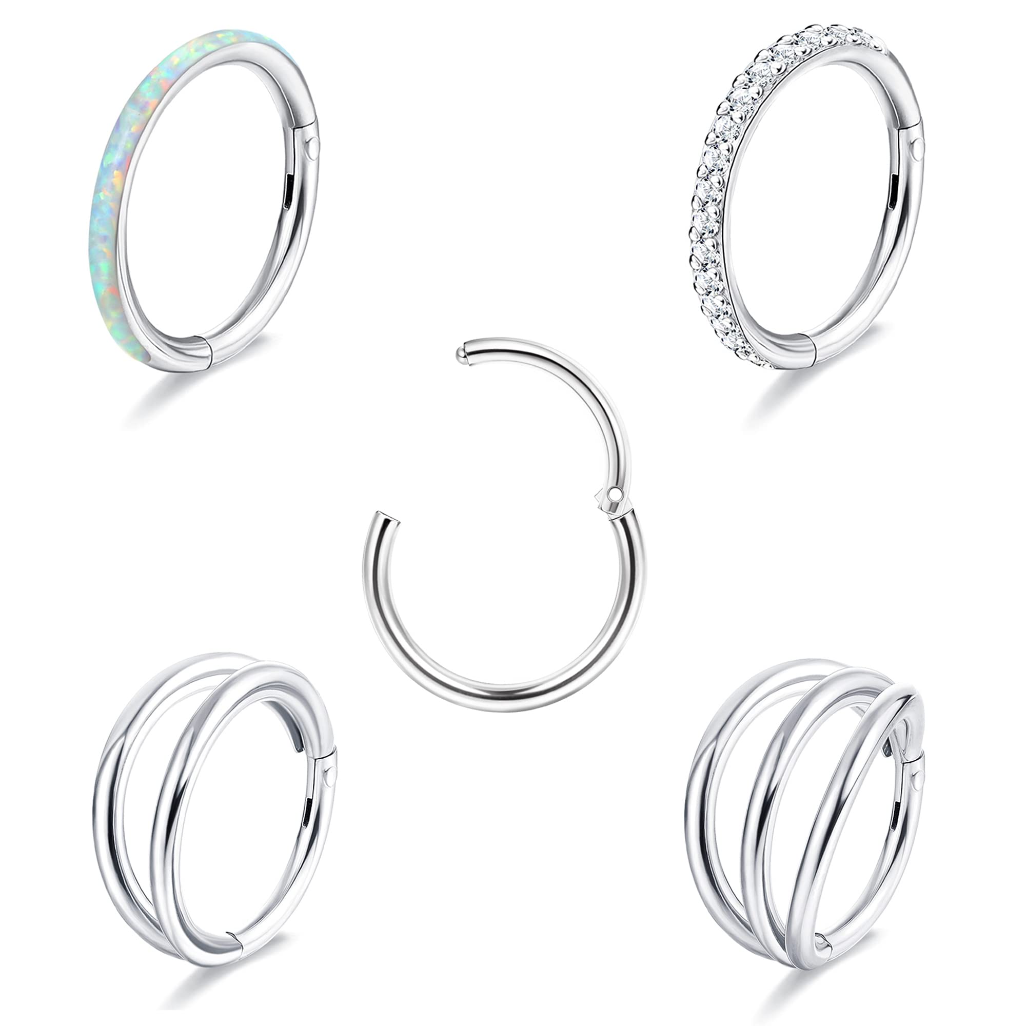 THUNARAZ 18G 16G Nose Rings Hoop for Women Men Surgical Steel Septum Rings CZ Opal Cartilage Hoop Earrings Daith Conch Clicker Nose Rings Septum Body Piercing Jewelry 8mm 10mm