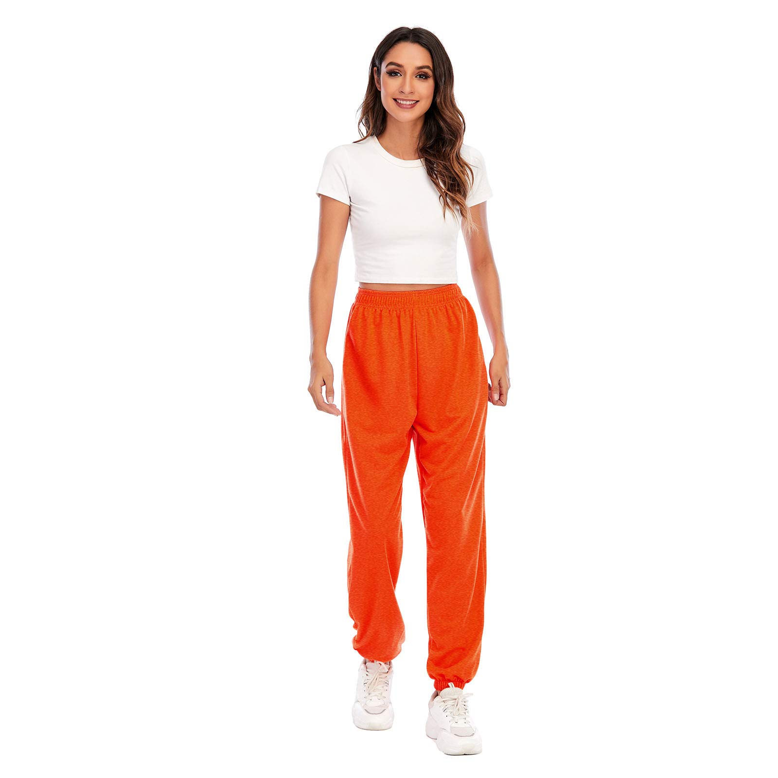 Womens Comfy High Waisted Sweatpants Elastic Waist Winter Sweatpants Drawstring Joggers Pants with Pockets Orange