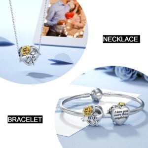 JIAYIQI Valentine's Day present for Wife, Wife Charms Fit Pandora Charm Bracelet Sterling Silver I Love You More Than Anything with 3D Golden Rose Flower Love Charm Birthday Christmas for Women