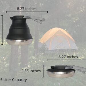 White Pine Collective Black Collapsible Silicone Kettle 50.72 oz - camping coffee pot, travel kettle, collapsible kettles for boiling water, small portable silicone tea kettle, outdoor camp pot