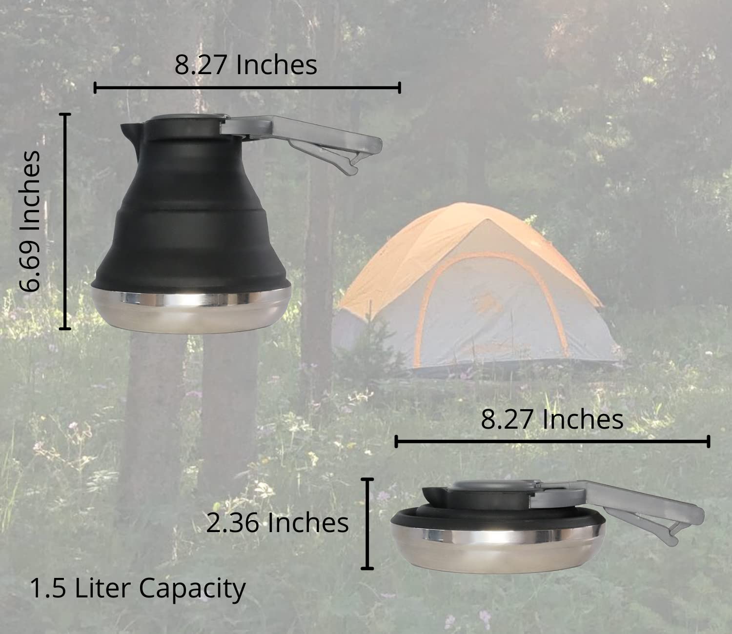 White Pine Collective Black Collapsible Silicone Kettle 50.72 oz - camping coffee pot, travel kettle, collapsible kettles for boiling water, small portable silicone tea kettle, outdoor camp pot