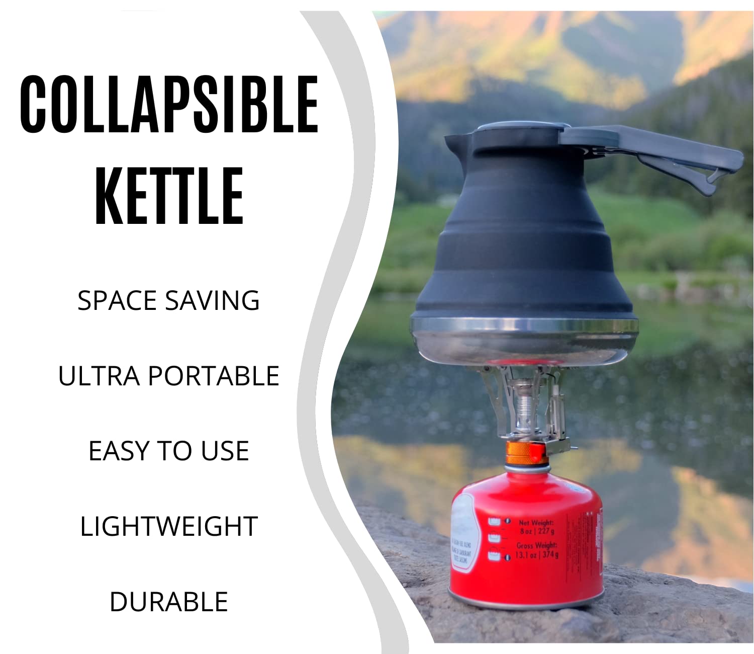 White Pine Collective Black Collapsible Silicone Kettle 50.72 oz - camping coffee pot, travel kettle, collapsible kettles for boiling water, small portable silicone tea kettle, outdoor camp pot