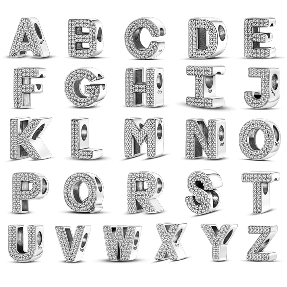 CINKOLA 925 sterling Silver Letter Charms A-Z Alphabet Beads with Cubic Stones Charm Beads Pendants Fit for Bracelets Charms DIY Jewelry birthday Gift for Women (T)