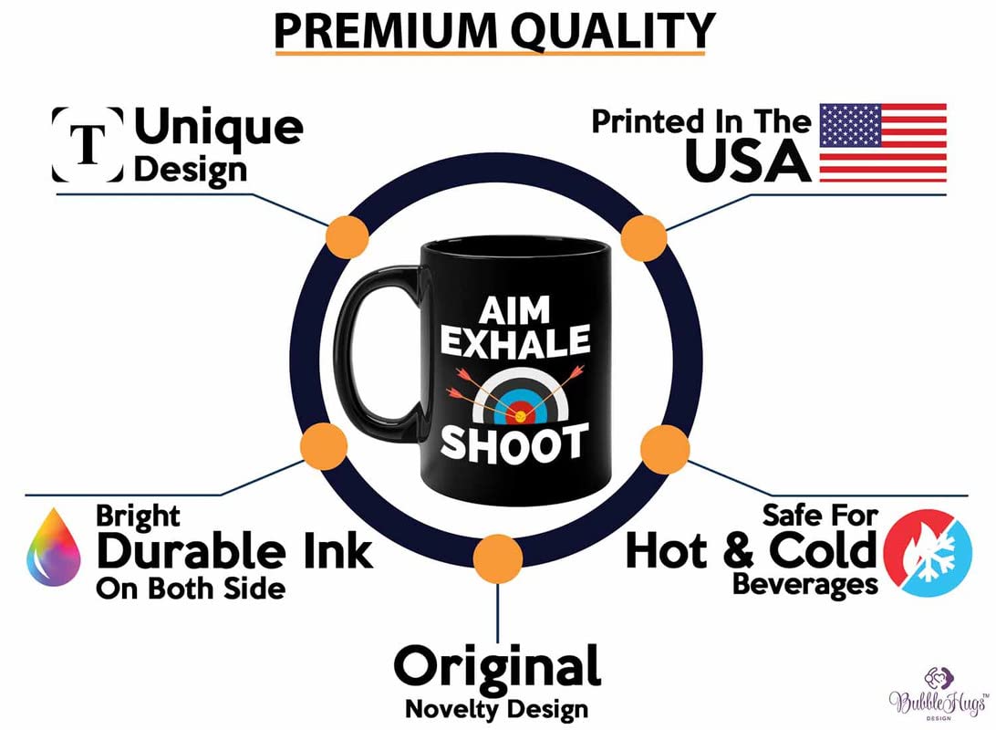 Bubble Hugs Archery Coffee Mug 11oz Black - Aim Exhale shoot - Archery Trainer Bowfishing Deer Shooting Target Shot