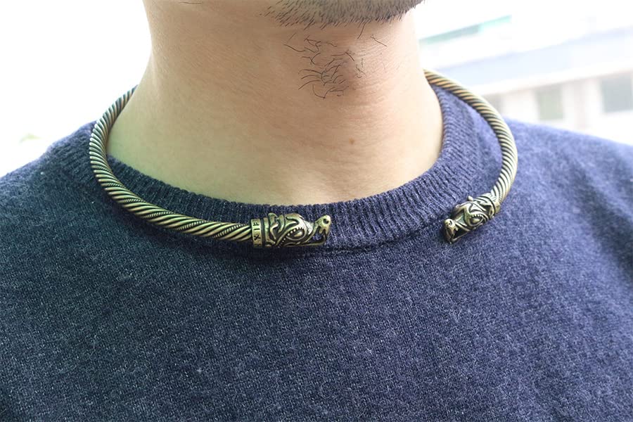 LANSEIS viking wolf necklace Viking Wolf Head Fenrir Torc Neck Ring Ragnar Handmade Heavy Twisted Brass Wire Pagan Norse