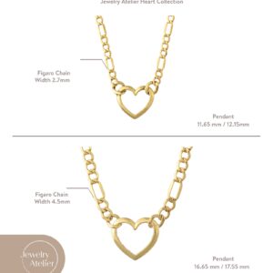 Jewelry Atelier Gold Filled Figaro Heart Necklaces – 14K Yellow Gold Filled Heart Pendant with Solid Figaro Chain for Women with Different Sizes (2.7mm, 4.5mm)