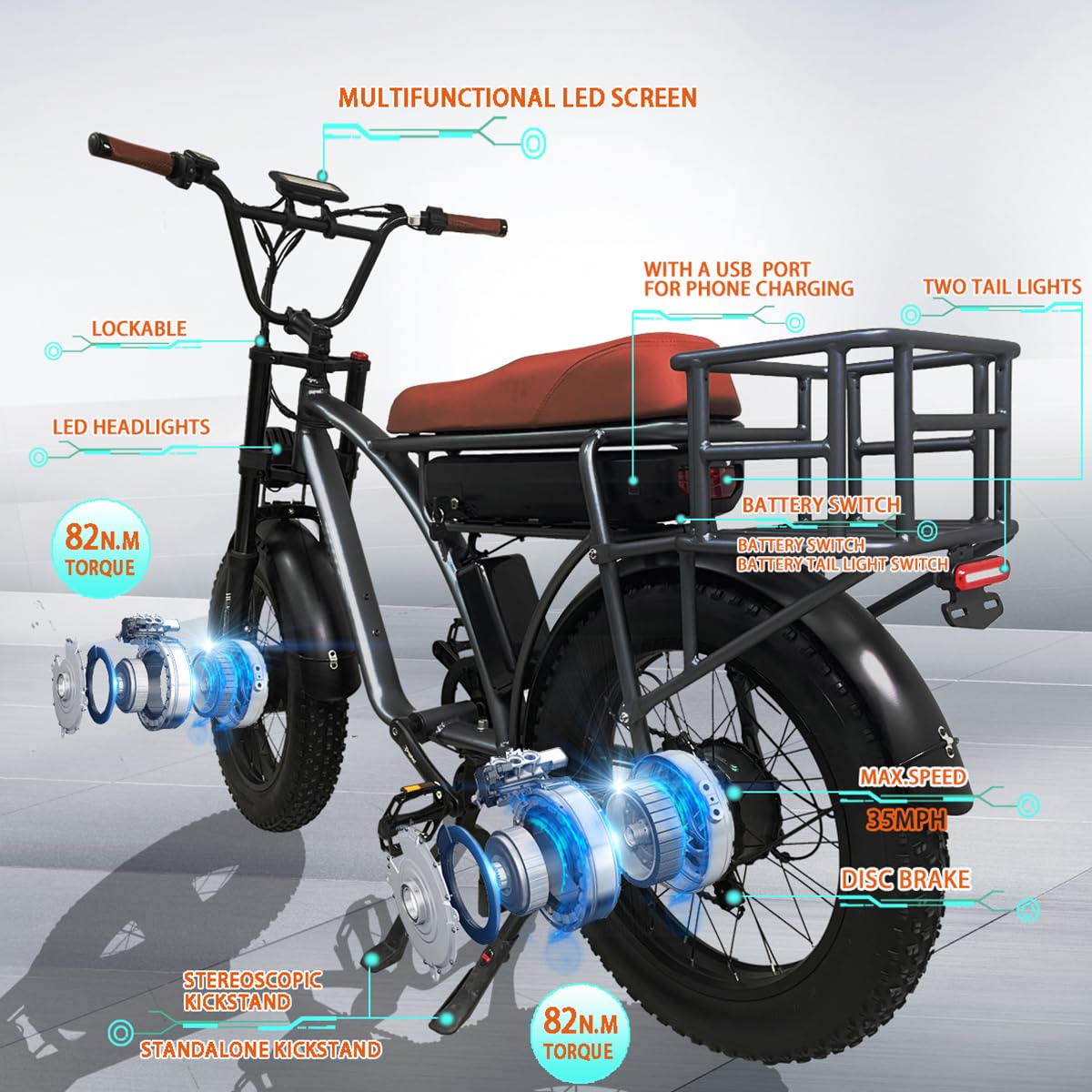 Lanshanchu (US Spot Smlro E5 Plus Electric Retro Cargo Bike 2000W Dual Motor Motorcycle Ebike 48V 18Ah EBike 20" Fat Tire 7 Speed E Bike MTB Mountain City Road Snow Bike