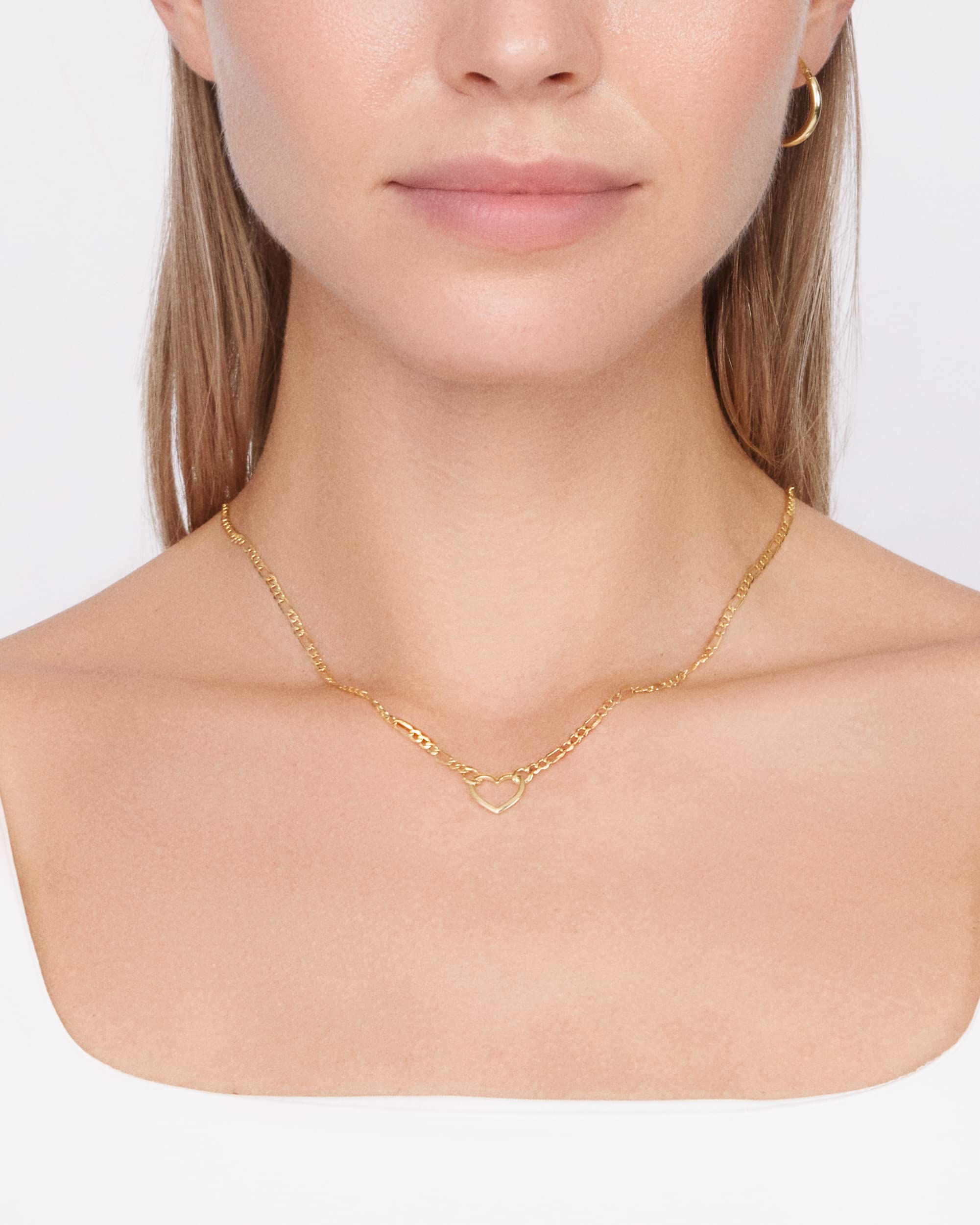 Jewelry Atelier Gold Filled Figaro Heart Necklaces – 14K Yellow Gold Filled Heart Pendant with Solid Figaro Chain for Women with Different Sizes (2.7mm, 4.5mm)