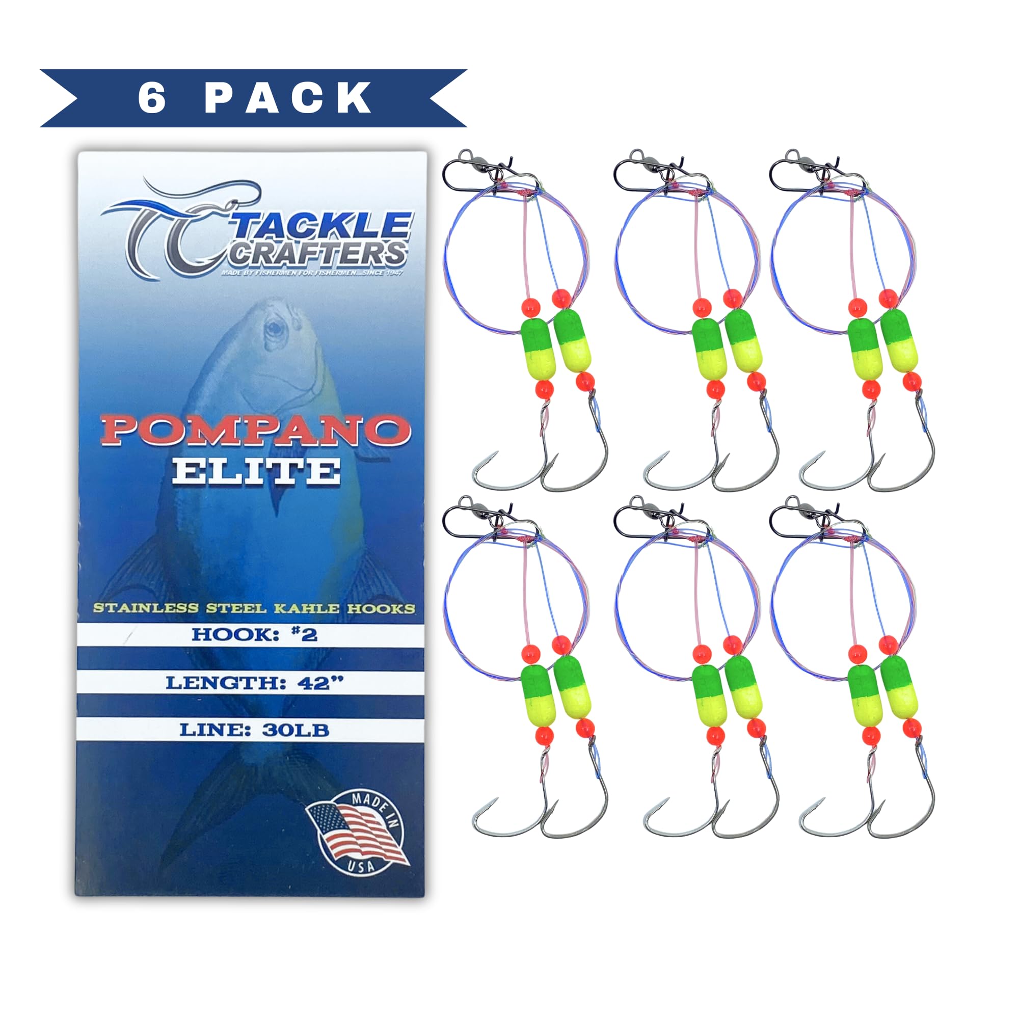 Tackle Crafters Pompano Elite Saltwater - Pack of 6 Pompano Floats for Bass, Surf Fishing Rigs, Pompano Rig - Pompano Bait - Double Drop Pompano Rigs Saltwater with Floats