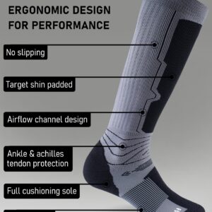 SITOISBE Men's Ski Socks Merino Wool (Pack of 2) for Skiing, Snowboarding, Snow Boots, Winter Warm, Toe Thermal, Shin Padded, Comfy Cushion, Knee High, Cold Weather Long Socks, X-Large, Grey