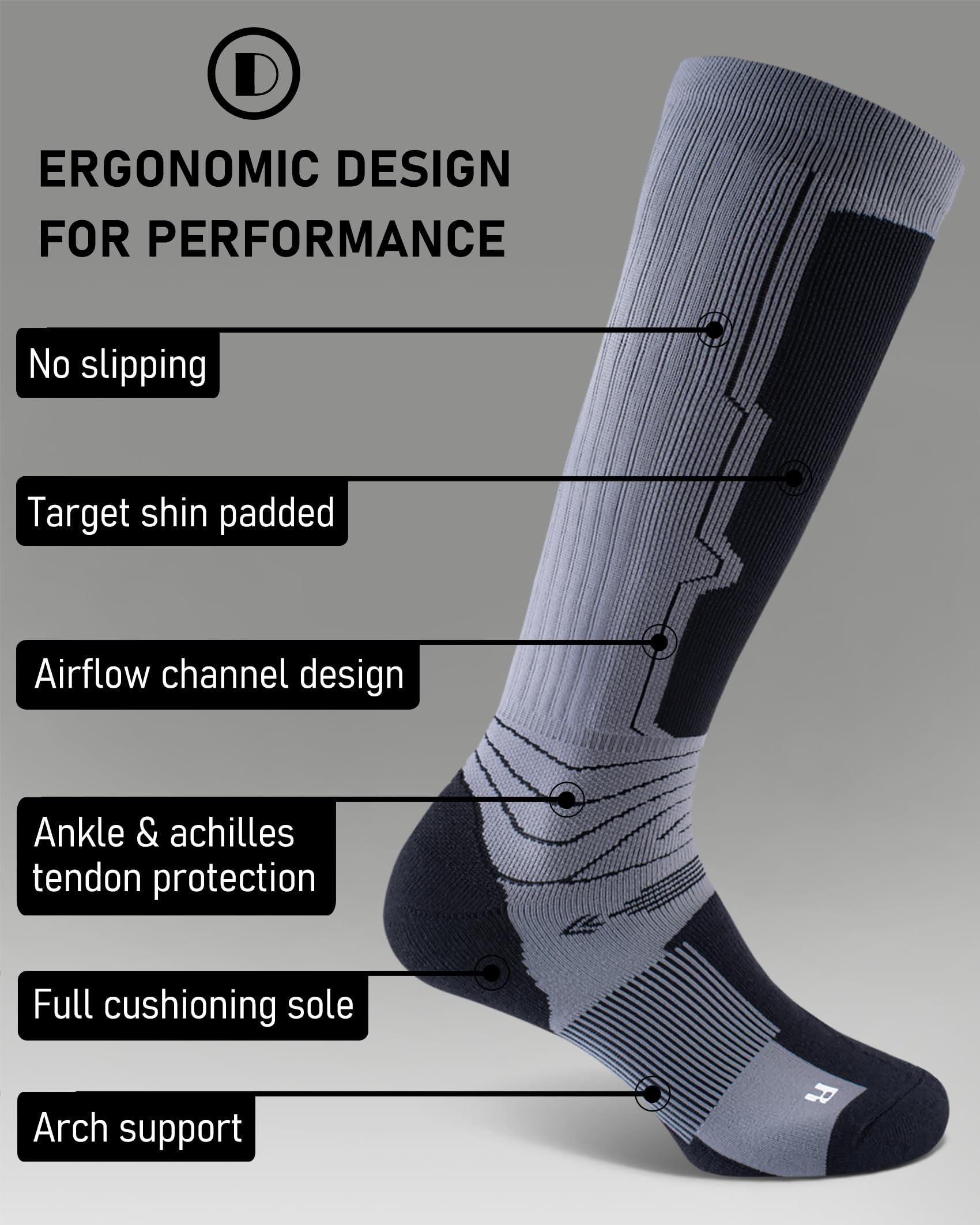 SITOISBE Men's Ski Socks Merino Wool (Pack of 2) for Skiing, Snowboarding, Snow Boots, Winter Warm, Toe Thermal, Shin Padded, Comfy Cushion, Knee High, Cold Weather Long Socks, X-Large, Grey