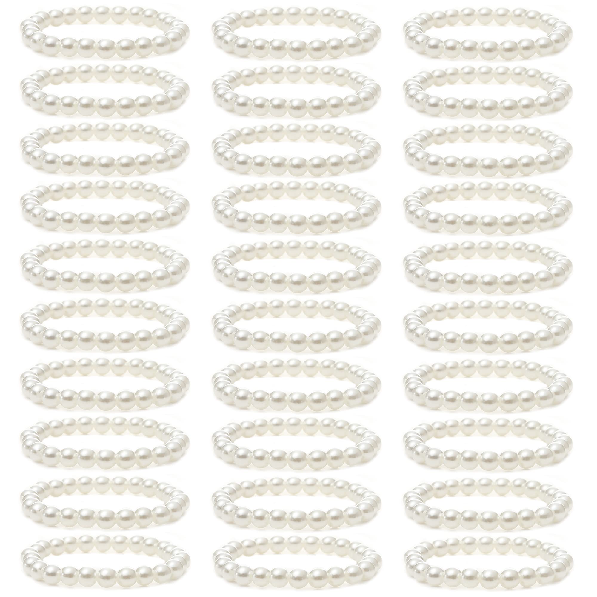 MOZAKA 30 Pieces 6mm/8mm Faux White Pearl Bracelets for Women Stackable Stretch Beaded Bracelets Simulated Pearl Bracelet Set for Bridesmaid Bridal Wedding Party Jewelry