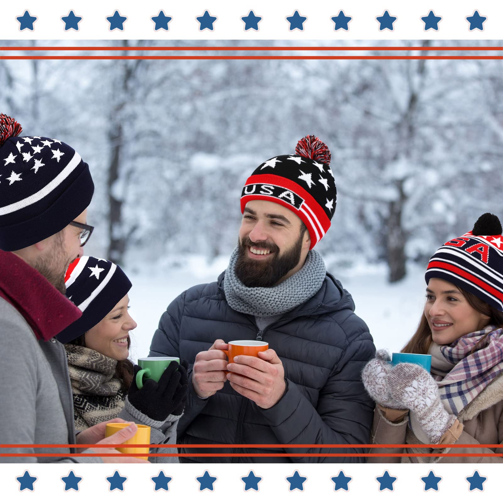 Tarpop 4 Pcs Winter Hat American Flag Pom Knit Beanie Fun USA Hat Warm Cuffed Beanie for Cold Days Men Women, Large(Delicate)