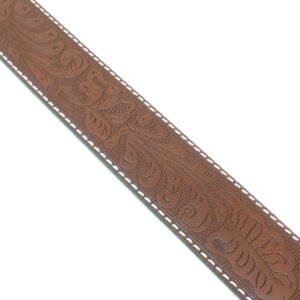 BC Belts Leather Belt Strap with White Stitching and Embossed Western Scrollwork 1.5" Wide with Snaps (Brown/White-L)