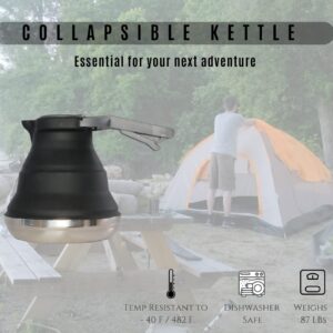 White Pine Collective Black Collapsible Silicone Kettle 50.72 oz - camping coffee pot, travel kettle, collapsible kettles for boiling water, small portable silicone tea kettle, outdoor camp pot