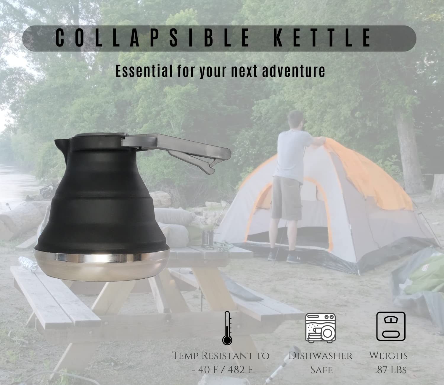 White Pine Collective Black Collapsible Silicone Kettle 50.72 oz - camping coffee pot, travel kettle, collapsible kettles for boiling water, small portable silicone tea kettle, outdoor camp pot