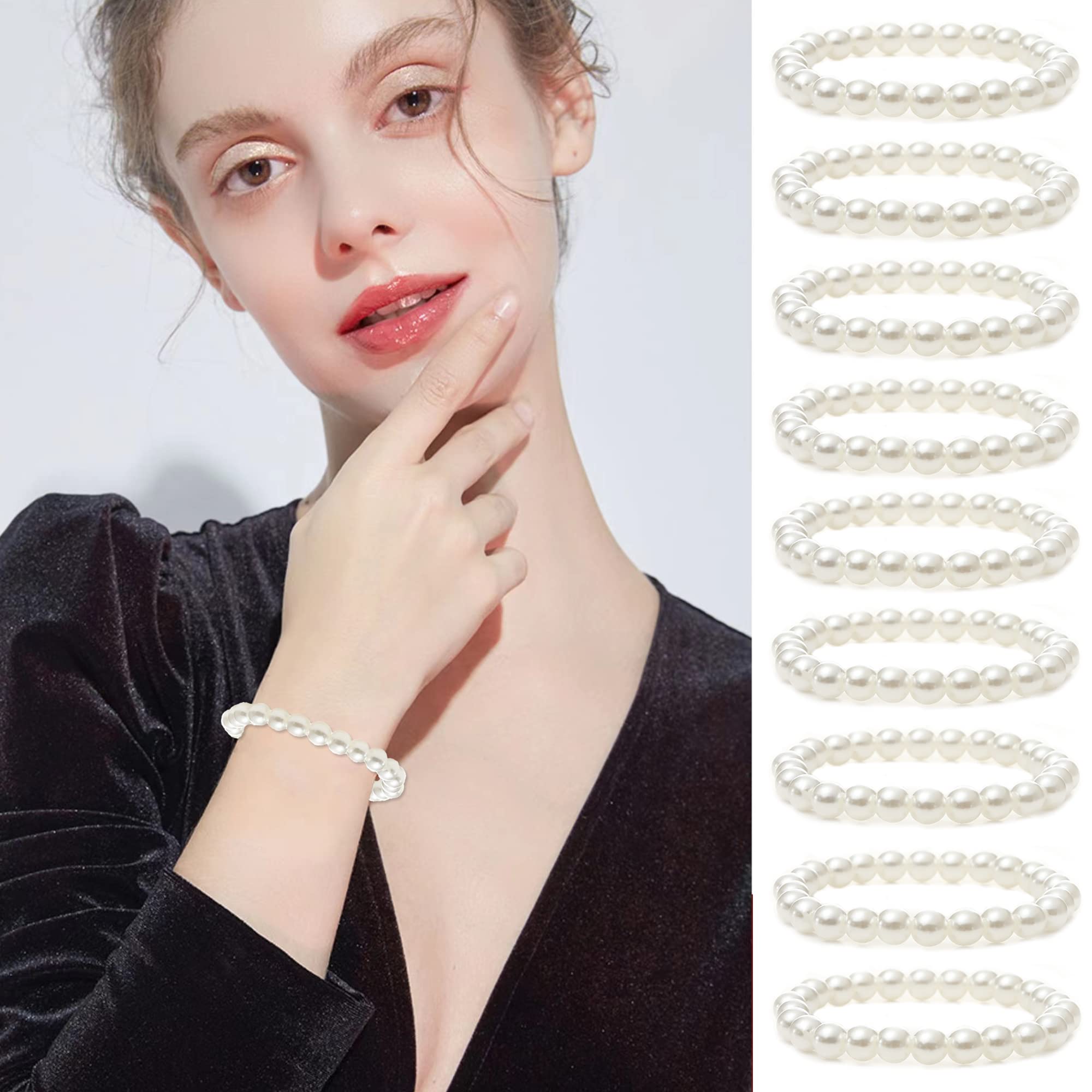 MOZAKA 30 Pieces 6mm/8mm Faux White Pearl Bracelets for Women Stackable Stretch Beaded Bracelets Simulated Pearl Bracelet Set for Bridesmaid Bridal Wedding Party Jewelry