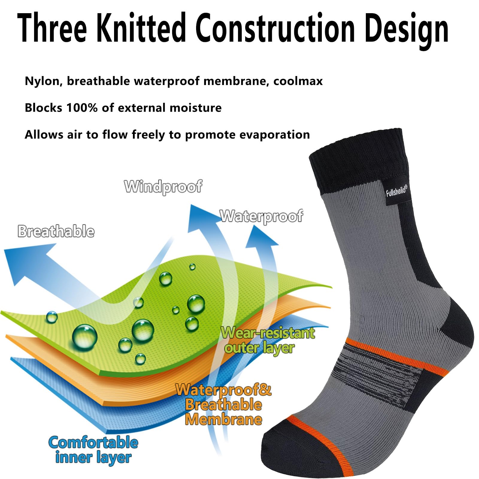 Fullsheild Waterproof Socks for Men, Unisex Outdoor Breathable Hiking Wading Cycling Running Skiing Mid-cuff Socks Grey L