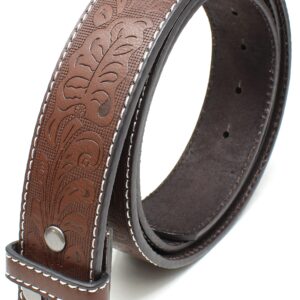 BC Belts Leather Belt Strap with White Stitching and Embossed Western Scrollwork 1.5" Wide with Snaps (Brown/White-L)