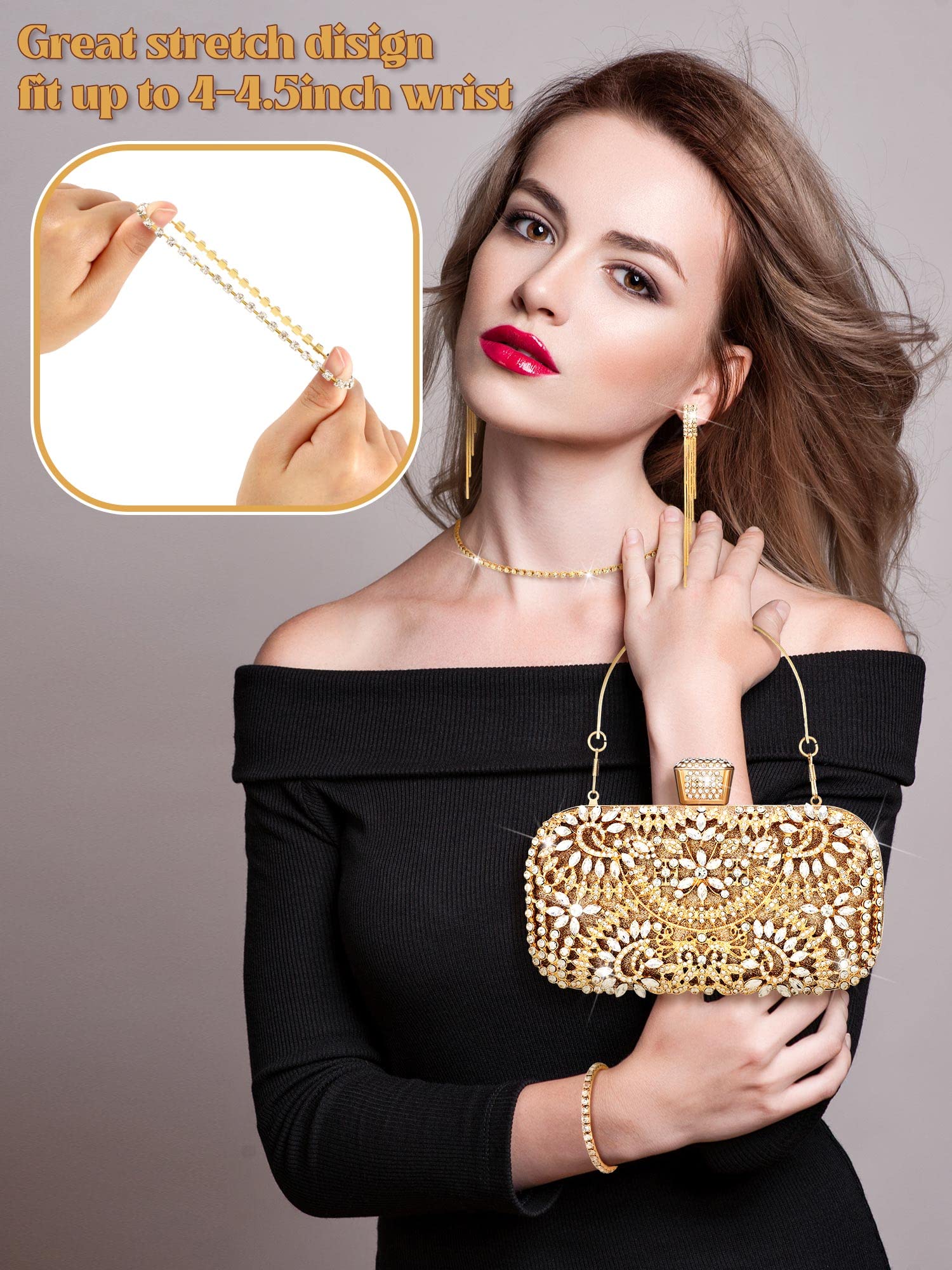 4 Pcs Clutch Purses Jewelry Set for Women Evening Rhinestone Jewelry Set Bling Glitter Diamond Evening Bag Necklace Choker Bracelets Earrings Set for Wedding Bridal Party Prom (Gold)