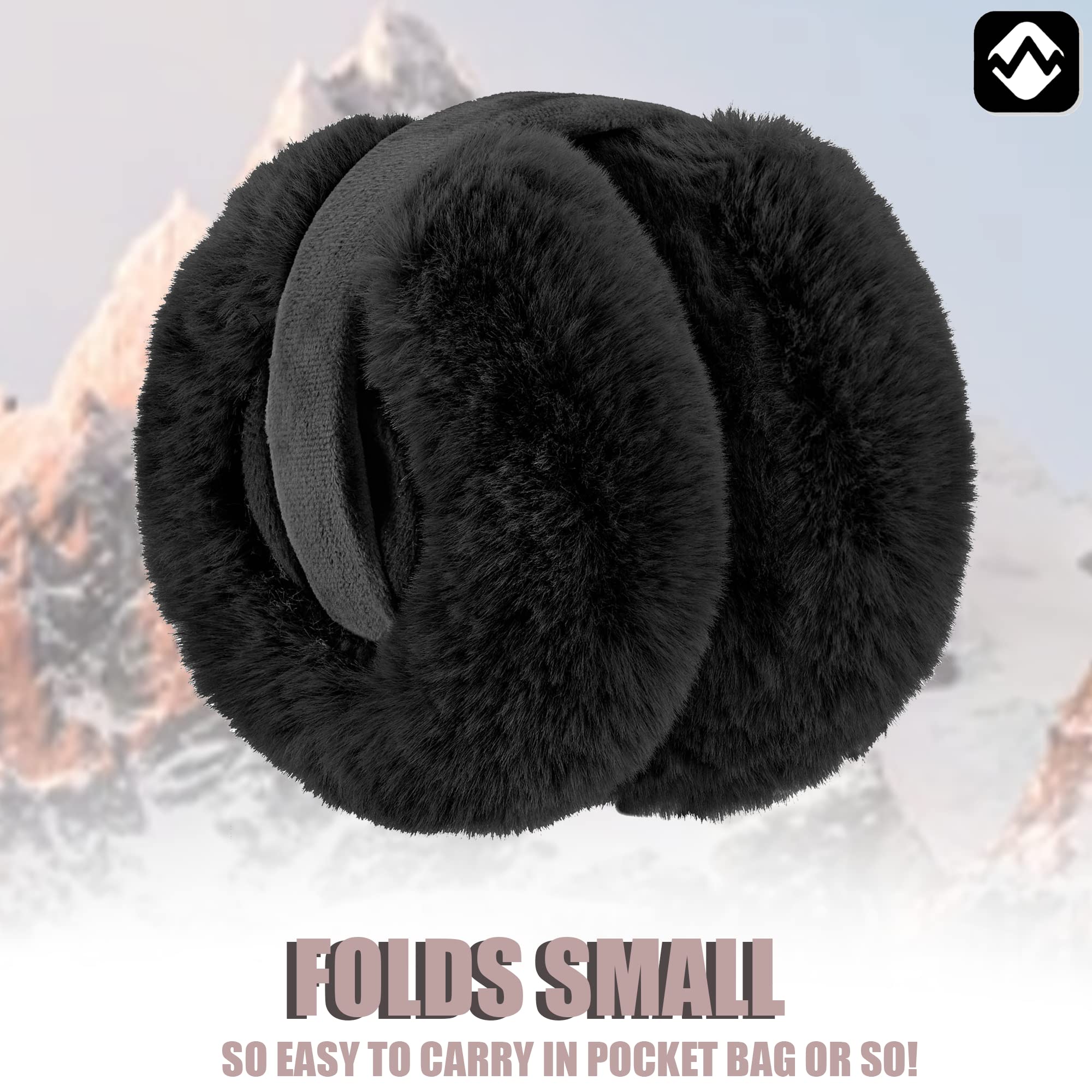 PEAK 2 PEAK Adult Unisex Winter Earmuffs - Soft and Warm Faux Fur - Foldable Ear Covers - Black