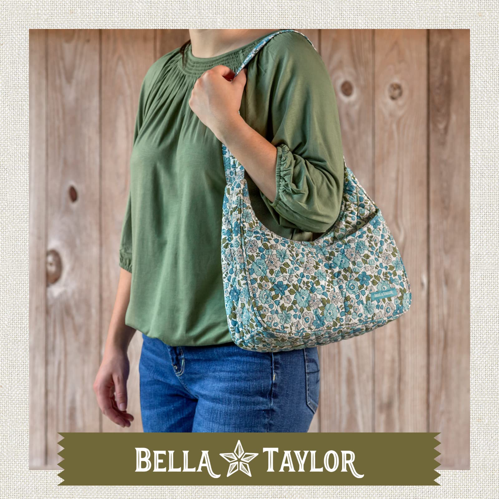 Bella Taylor Blakely Hobo Shoulder Bag for Women | Lightweight Multi Compartment Purse with Pockets | Quilted Cotton Delicate Floral Blue