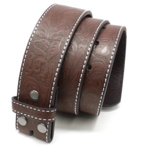 bc belts leather belt strap with white stitching and embossed western scrollwork 1.5" wide with snaps (brown/white-l)