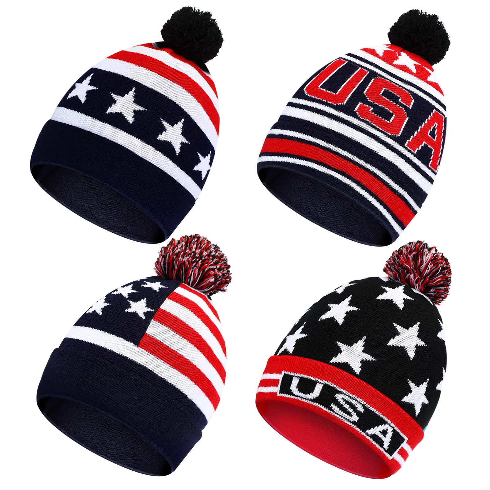 Tarpop 4 Pcs Winter Hat American Flag Pom Knit Beanie Fun USA Hat Warm Cuffed Beanie for Cold Days Men Women, Large(Delicate)